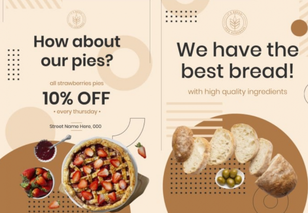 Desain brosur katering dengan foto hidangan penutup yang menggoda